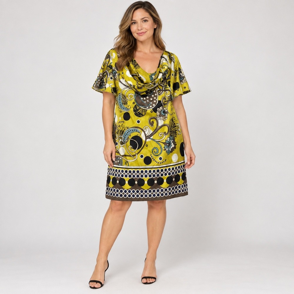 Etcetera Tunic Top Womens 8 Yellow Silk Blend Cowl Neck Paisley Flutter Sleeve